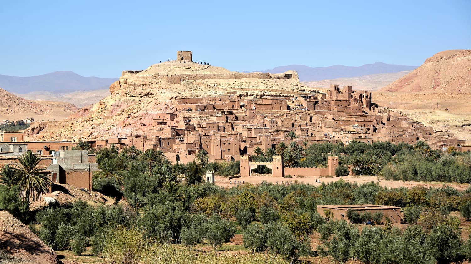 The tiered earthen kasbahs of Aït Benhaddou rising above the Ounila valley