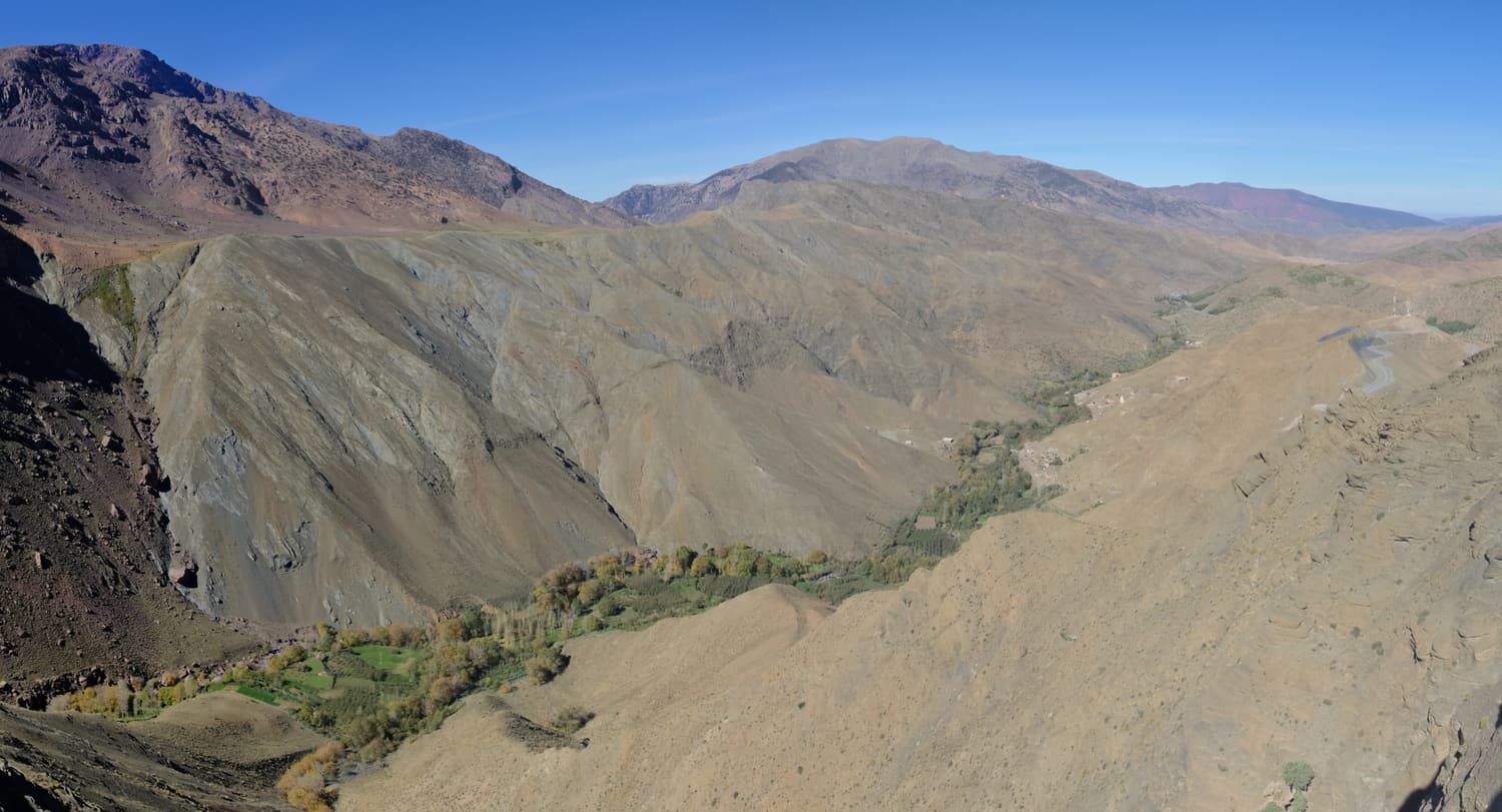 Hairpin bends of the Tizi n’Tichka road climbing through the High Atlas mountains